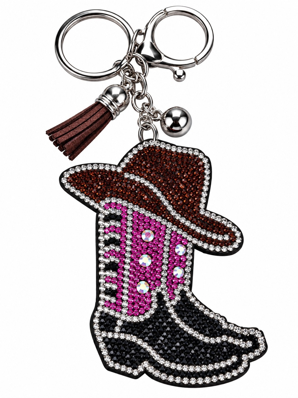 Crystal Cowgirl Boot & Hat Keychain Charm - Pink, Brown, Black